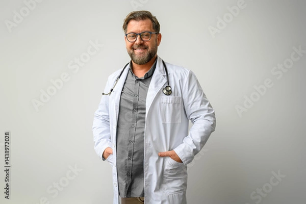Fototapeta Portrait of confident smiling male doctor in lab coat with hands in pockets standing on white background