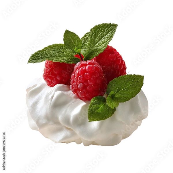 Fototapeta Meringue dessert with three red raspberries and fresh mint leaves on top, clear background --v 7.0