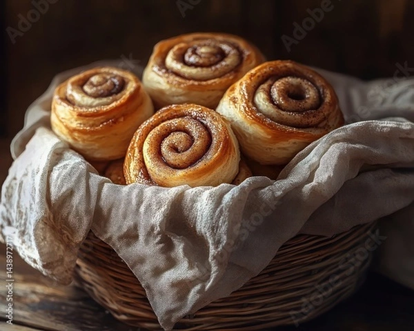 Obraz Warm cinnamon rolls in rustic basket