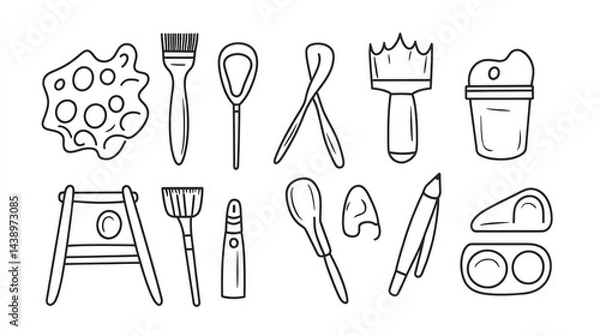 Fototapeta Collection of various artistic tools and supplies in a simple line drawing style.