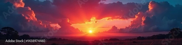 Fototapeta Fiery sunset, dramatic clouds, moody landscape, photography, glowing