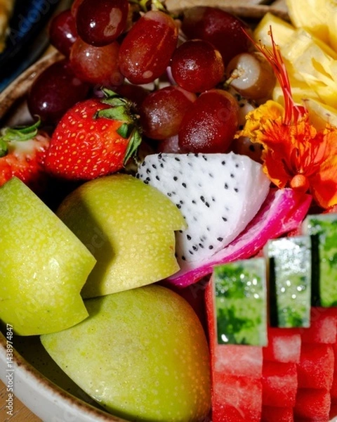Fototapeta Fruit salad delight colorful seasonal fruits in a bowl vibrant kitchen setting close-up view healthy eating concept