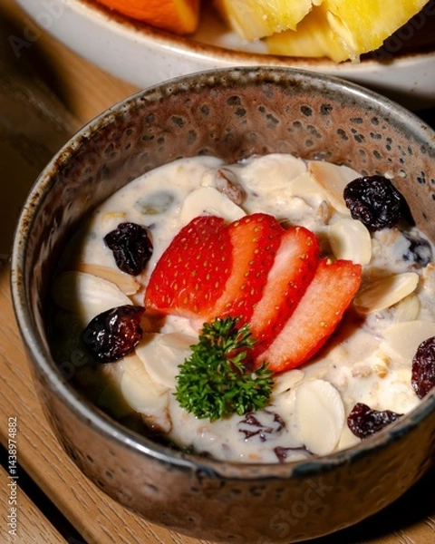 Fototapeta Delicious healthy breakfast bowl with strawberries and nuts cozy kitchen food photography warm atmosphere close-up view nutritional benefits