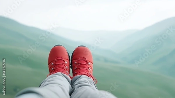 Fototapeta Enjoying a breathtaking view while resting in red hiking boots on a mountainside in the early morning light.