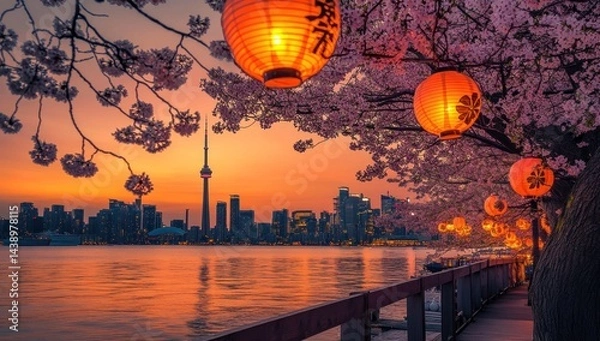 Obraz Enchanting Toronto Skyline at Sunset with Blossoming Cherry Trees