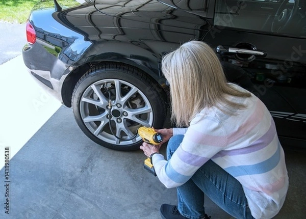 Obraz Woman Using Cordless Air Compressor to Inflate Tire