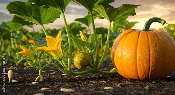 Obraz Growing Pumpkins with Yellow Flowers and Seeds in a Field at Sunset