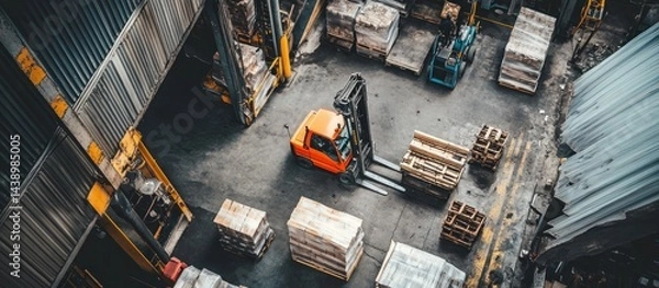 Obraz Aerial View of Forklifts and Pallet Stacks in a Warehouse Logistics Operation