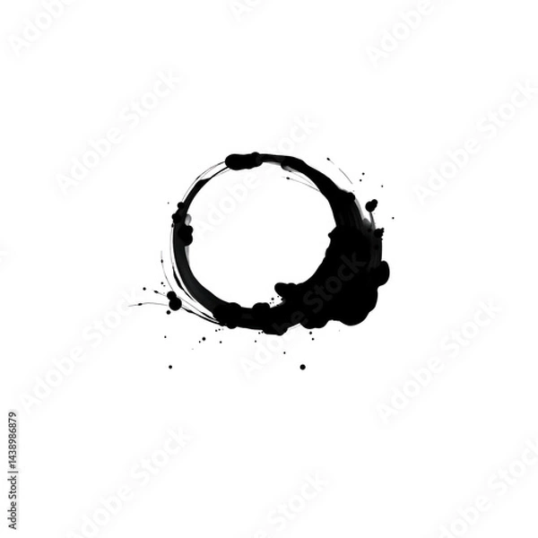 Fototapeta black ink circle with splatters on transparency background, resembling Zen enso symbol, conveys simplicity and mindfulness. brushstroke is bold and expressive, highlighting artistic freedom