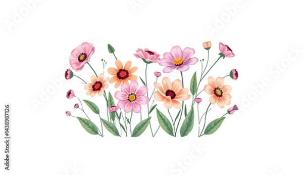 Obraz vibrant illustration of pink and peach flowers with green leaves, showcasing variety of blossoms in full bloom. delicate petals and lush foliage create lively and cheerful scene