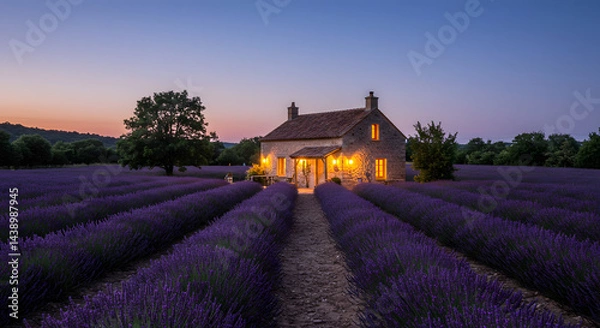 Fototapeta Stone Cottage Amidst Lavender Fields at Twilight