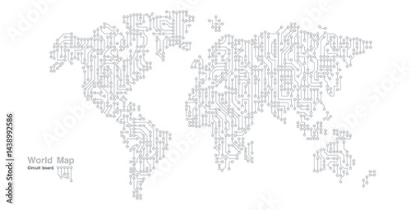 Fototapeta World map circuit board on white background.