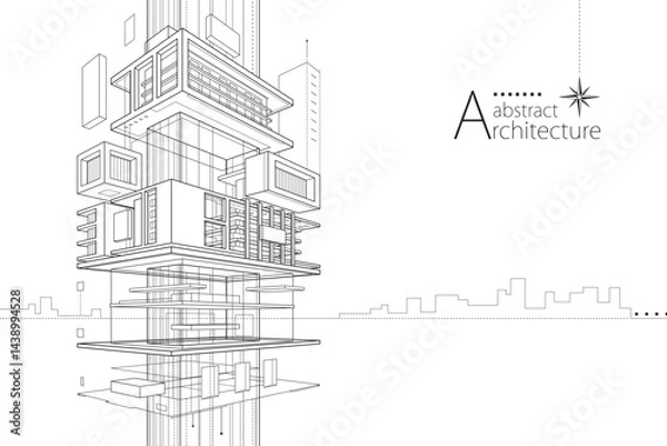 Fototapeta A 3D illustration of an abstract urban building, featuring an imaginative architectural design with outlined drawings.  
