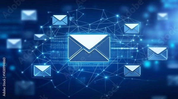 Fototapeta A high-tech marketing dashboard showcasing a 3D email icon surrounded by networked user symbols, visualizing targeted email campaigns and direct client outreach. 