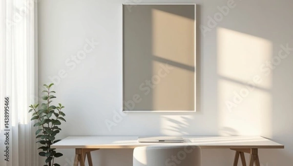 Fototapeta A minimalist scandinavian-inspired desk with a green plant in front of it, featuring pure white surfaces and thoughtful design