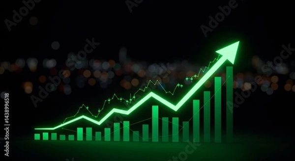 Fototapeta Digital stock market data visualization for investment analysis. upward trend, neon, stock market chart, Green arrow pointing upward on financial graph, Business growth chart with rising trend line