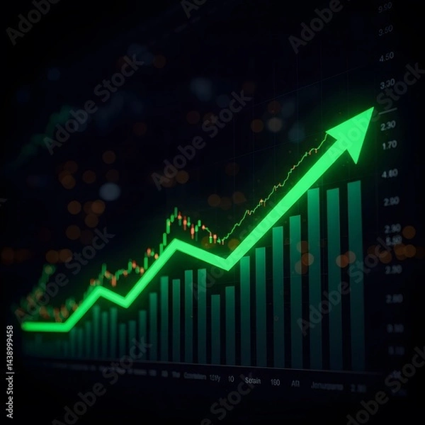 Fototapeta Digital stock market data visualization for investment analysis. upward trend, stock market chart, Green arrow pointing upward on financial graph, neon, Business growth chart with rising trend line