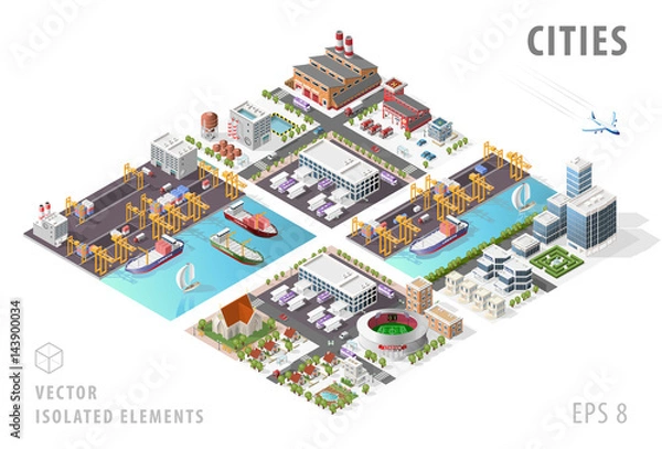 Fototapeta Set of Isolated Isometric Minimal City Maps. Elements with Shadows on White Background