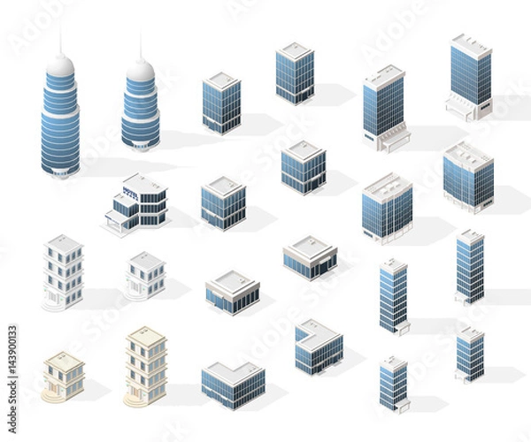 Fototapeta Collection of Realistic Isometric High Quality City Element for Map. Buildings