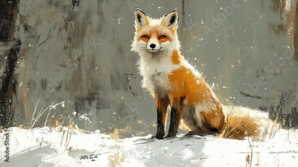 Fototapeta Red fox standing in the snow with a blurred forest background