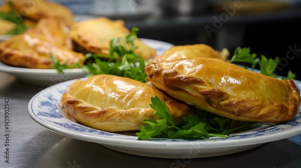Fototapeta Traditional Cornish Pasties with Golden Flaky Pastry on Plates Surrounded by Fresh Green Herbs