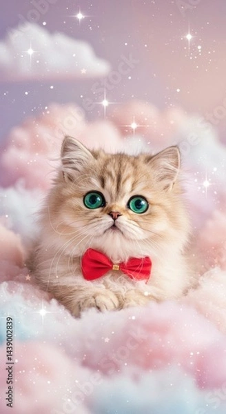 Fototapeta Cute fluffy kitten with a red bow tie sitting on dreamy pink clouds under a pastel sky, symbolizing joy, cuteness, and fantasy