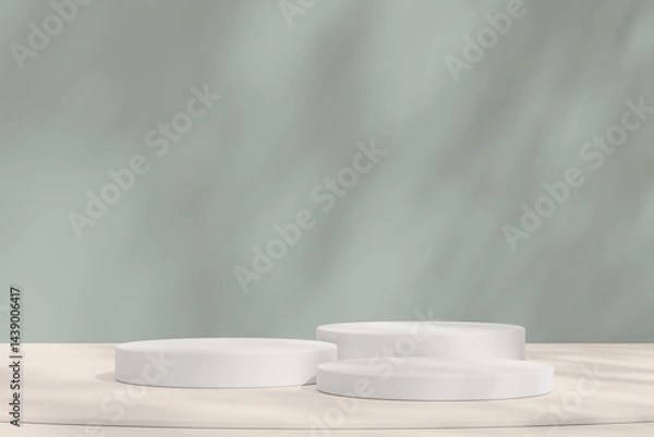 Fototapeta Three white podiums on a sandy background with soft natural shadows, ideal for showcasing product.