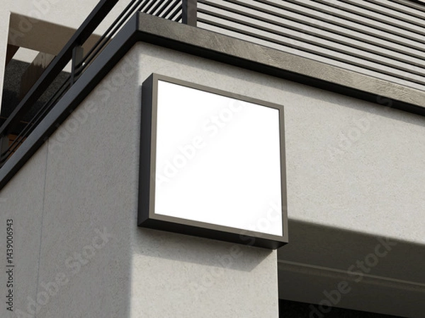 Fototapeta Sophisticated and empty square sign mockup mounted on a building’s wall, perfect for custom designs.