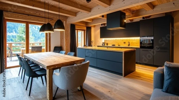 Obraz Modern Mountain Chalet Kitchen and Dining Area with Wooden Beams and Stunning Views