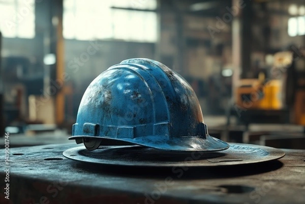 Obraz Dusty blue safety helmet resting on a metal plate in a factory.