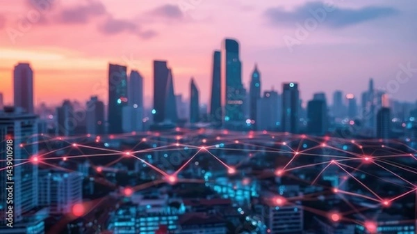 Obraz Smart City Network Illuminated Cityscape at Sunset with Network Connections