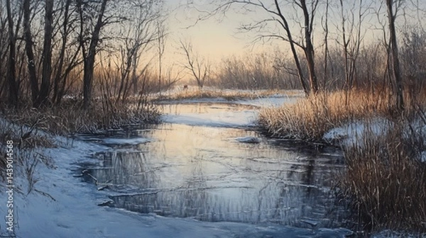 Fototapeta A winter landscape featuring a partially frozen river surrounded by trees and dry vegetation near sunset