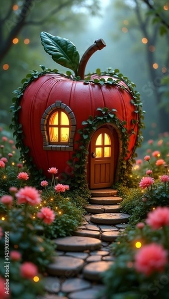 Fototapeta 3d apple shaped cottage nestled within an enchanted garden apple house delicate flowers and winding green vines