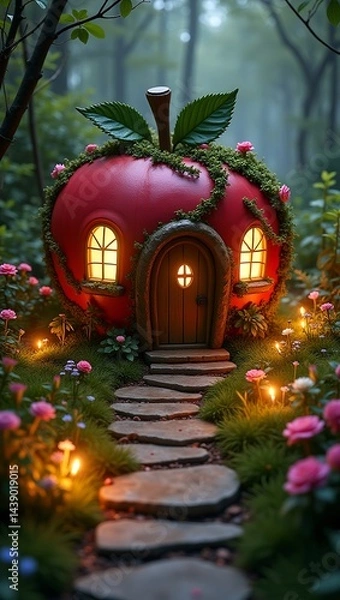 Fototapeta 3d apple shaped cottage nestled within an enchanted garden apple house delicate flowers and winding green vines
