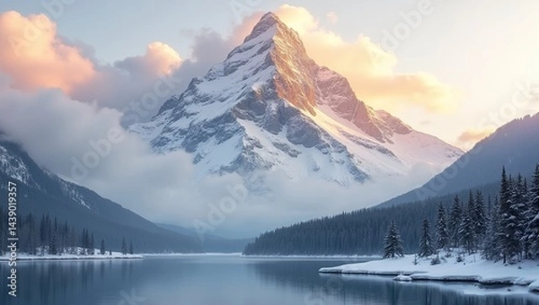 Fototapeta snow covered mountain peak piercing through a sea of fluffy clouds reflecting the golden light of the setting sun