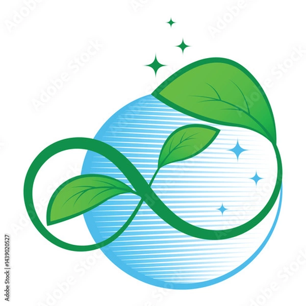 Obraz Creative eco infinity symbol featuring green leaves and a blue globe background, representing sustainability, environmental awareness, renewable energy, and a greener future.