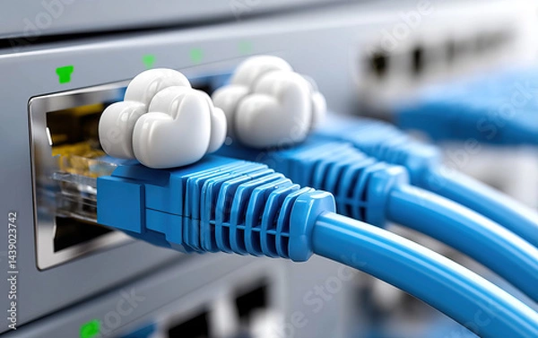 Obraz Cloud technology infrastructure with ethernet cables connected to network switch, symbolizing connectivity and data transfer