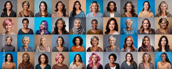 Obraz Diverse group of happy women people of different ethnicities, religions, ages, body types, and cultural backgrounds. Female diversity, inclusion and positivity concept.
