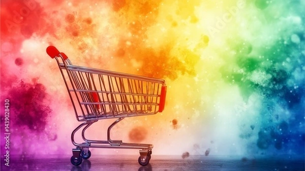 Fototapeta Shopping Cart Amidst a Colorful Splash: A singular shopping cart stands out amidst a vivid, swirling galaxy of colors, invoking a sense of vibrancy and retail possibility.
