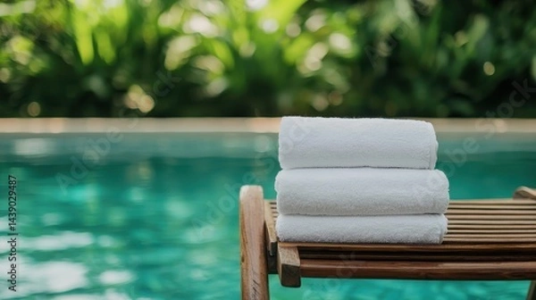 Obraz Soft White Towels Stacked on Wooden Chair Beside Refreshing Pool Surrounded by Lush Green Plants