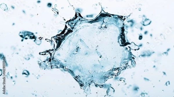 Fototapeta Clear Water Splash with Droplets Captured in High-Speed Freeze Frame Against a Soft White Background