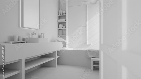 Fototapeta The warm minimalist bathroom with a large mirror and a window. The bathroom has a modern design with a grey tile floor and a grey sink. Premium photo 3d render.