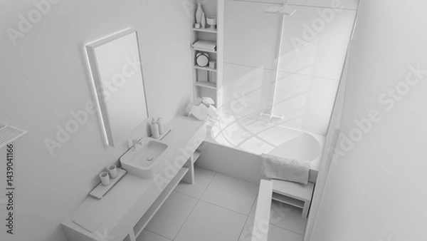 Fototapeta The warm minimalist bathroom with a large mirror and a window. The bathroom has a modern design with a grey tile floor and a grey sink. Premium photo 3d render.