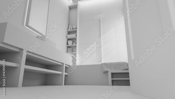 Fototapeta The warm minimalist bathroom with a large mirror and a window. The bathroom has a modern design with a grey tile floor and a grey sink. Premium photo 3d render.