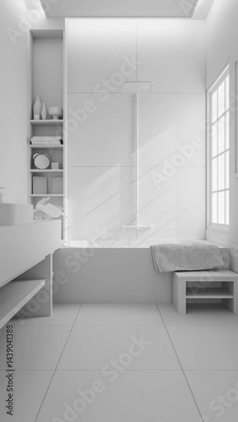 Fototapeta The warm minimalist bathroom with a large mirror and a window. The bathroom has a modern design with a grey tile floor and a grey sink. Premium photo 3d render.