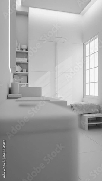 Fototapeta The warm minimalist bathroom with a large mirror and a window. The bathroom has a modern design with a grey tile floor and a grey sink. Premium photo 3d render.