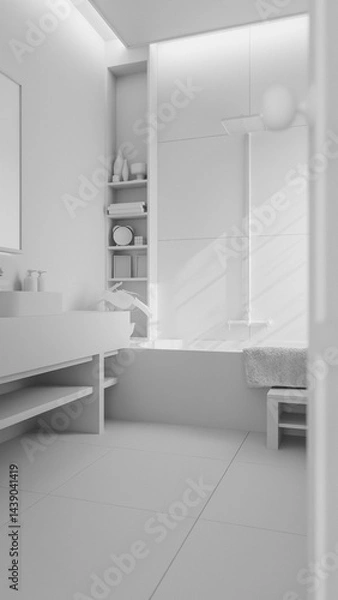 Fototapeta The warm minimalist bathroom with a large mirror and a window. The bathroom has a modern design with a grey tile floor and a grey sink. Premium photo 3d render.
