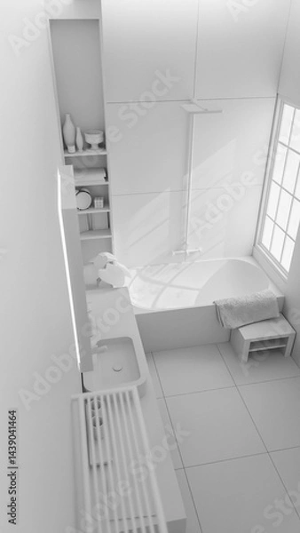 Fototapeta The warm minimalist bathroom with a large mirror and a window. The bathroom has a modern design with a grey tile floor and a grey sink. Premium photo 3d render.