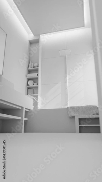 Fototapeta The warm minimalist bathroom with a large mirror and a window. The bathroom has a modern design with a grey tile floor and a grey sink. Premium photo 3d render.