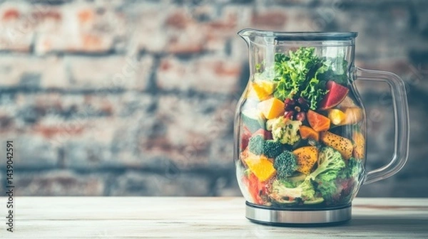 Obraz Colorful healthy beverage ingredients inside a glass pitcher.